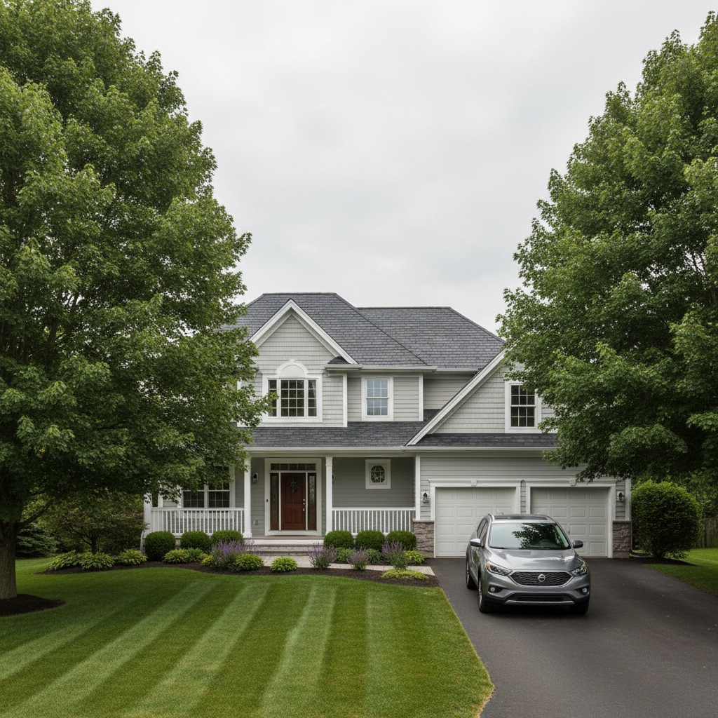 A sturdy two-story suburban home with light gray siding, dark slate roof, and a tidy front porch, framed by mature maple trees and a freshly mowed lawn. A modern compact SUV sits in the driveway, its metallic paint subtly reflecting the soft overcast sky. Diffused daylight creates even, gentle lighting with minimal shadows, emphasizing safety and calm. Photographic realism, shot from a slightly elevated angle so the house and car are both fully visible, with sharp focus throughout. The composition feels balanced and reassuring, representing comprehensive home and auto coverage. Colors are natural and neutral, conveying a professional, dependable mood suitable for a local insurance provider.