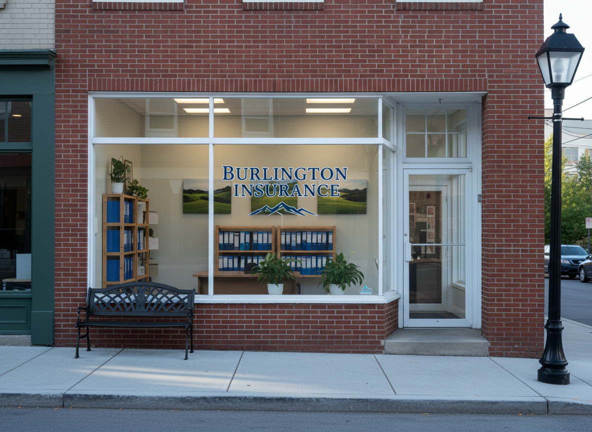 A compact brick storefront in a small New England downtown streetscape, its large front window displaying a tasteful vinyl logo for “Burlington Insurance” in white and deep blue. Inside, visible through the glass, are orderly shelves with binders and a few framed landscape prints on pale walls. Outside, a clean sidewalk with a black metal bench and a nearby lamppost anchors the scene. Early morning natural light gives a soft, cool tone, with long, delicate shadows stretching across the pavement. Photographic realism, shot straight-on at eye level with a centered composition, creating a sense of stability and accessibility. The overall atmosphere is calm, local, and professional, emphasizing neighborhood presence and trust.