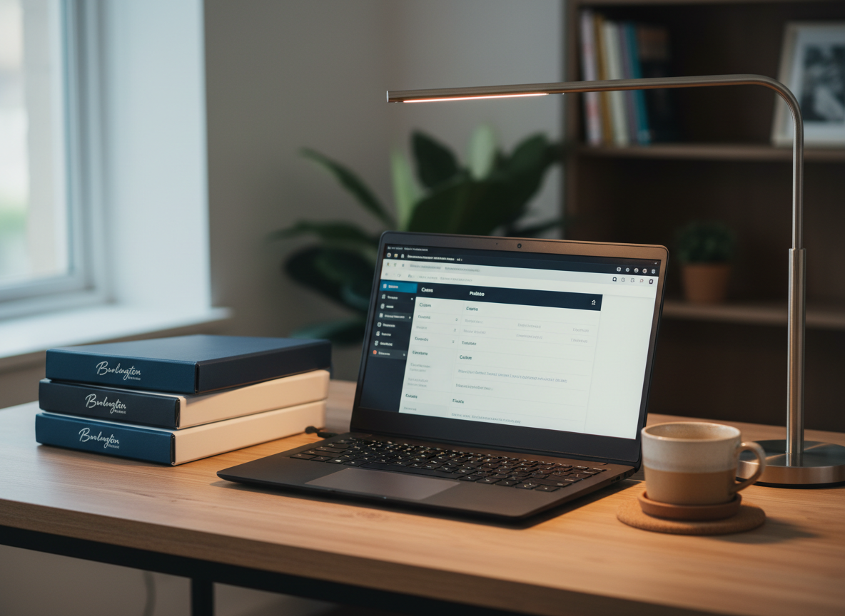 A tidy wooden office desk with a matte black laptop open to a clean, minimalist insurance dashboard, beside a small stack of neatly organized policy folders in navy and white with subtle Burlington Insurance branding. A ceramic cup of coffee rests on a simple cork coaster, and a slim metal desk lamp arcs overhead. Soft, warm task lighting from the lamp combines with cool daylight from an unseen window, creating a calm, focused workspace ambiance. Photographic realism, captured from a slightly elevated three-quarter angle with shallow depth of field, allowing the laptop screen and folders to remain crisp while the background fades into a gentle blur. The mood is professional, organized, and approachable, suggesting personalized local support.